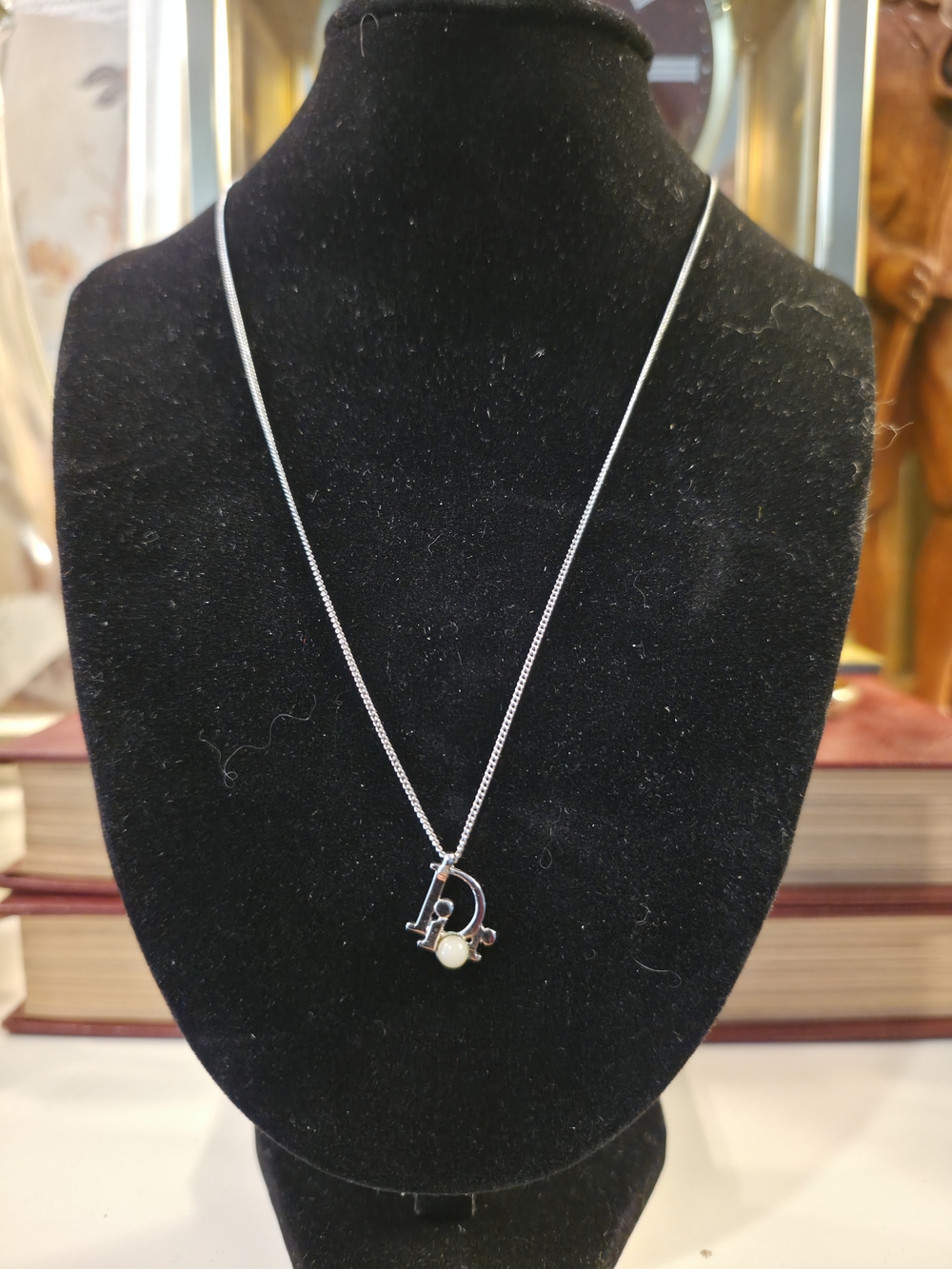 Vintage Y2K Christian Dior John Galliano Silver D Logo Pearl Necklace Signed